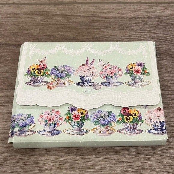CAROL WILSON “PANSY TEACUPS” Set Of 9 Cards And 9 Envelopes - Picture 1 of 4